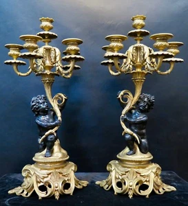 Vintage Pair Antique Bronze Louis XV Candelabra - Picture 1 of 12