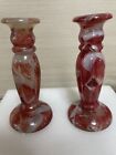 Chinese Glass Candlesticks Holders Mandarin Red & Greige 6.5 Inches Tall