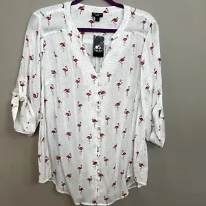 Neu mit Etikett Torrid Harper Bluse weiß rosa Flamingo Punkte Knopfleiste 3/4-Arm Gr. 0 - Bild 1 von 5