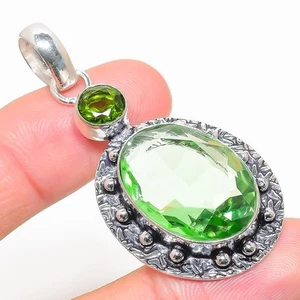 Green Amethyst Gemstone Handmade 925 Sterling Silver Jewelry Pendant Size 2.25" - Picture 1 of 1