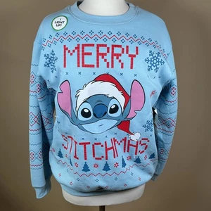 New Disney’s Stitch Christmas Light-Up Adult Sweatshirt Size Medium #71868 Blue - Picture 1 of 21