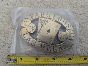 new vtg 1970s art brass belt buckle fabulous las vegas casino poker cards dice - Picture 1 of 1