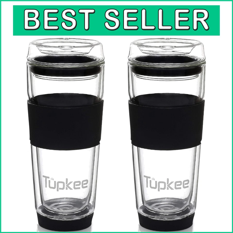 Tupkee Double Wall Glass Tumbler - Insulated Tea/coffee Mug and Lid Hand Blown