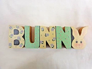 Bunny Word Block Sign Green Blue Floral Hand Painted Wood 8x2” Easter Spring - Picture 1 of 3