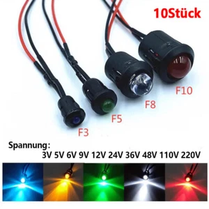 10x 3mm 5mm 8mm 10mm vorverdrahtete LED Leuchtdioden mit Lichtabdeckung 3V-220V - Picture 1 of 7