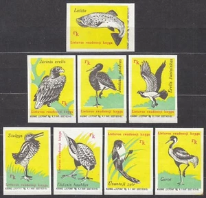 SU LTSR 1989 Matchbox Label #04/89 set 8, Red Book of Lithuania, birds, fish. - Imagen 1 de 2