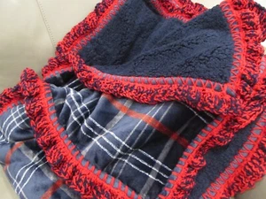 Oversize Reversible Plush Sherpa Throw Blanket Blue & Red Crochet Super Ruffle - Picture 1 of 10