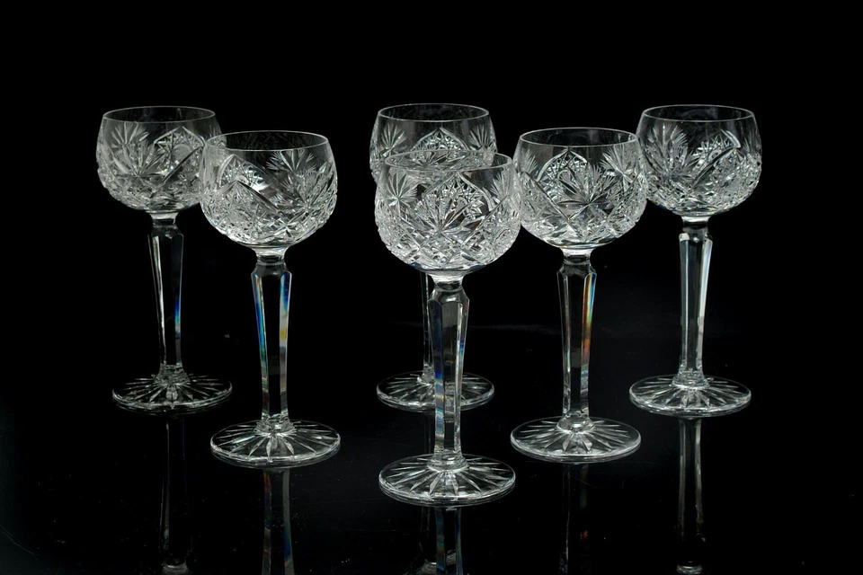A FABULOUS SET OF SIX VINTAGE BOHEMIAN CUT CRYSTAL LONG STEM WINE GLASSES 150ML. - Image 1 of 4