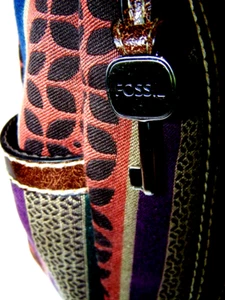 Vtg FOSSIL Purse Key-per Mod Print Striped Multicolor Brown Straps + Bag Charm! - Picture 1 of 10