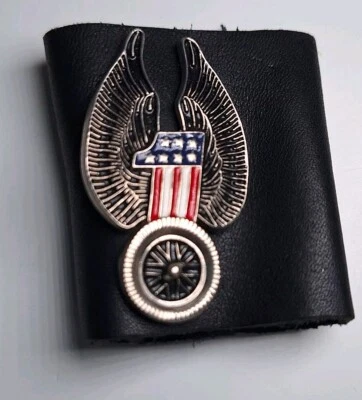 Motorcycle Leather Ponytail Holder Snap UPWING #1 Wheel Patriotic Metal Pin USA - Image 1 of 4