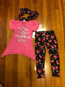 2 Piece Set Plus Scarf One Step Up Girls Pink Berry T-Shirt, Black Roses Pants S - Picture 1 of 9