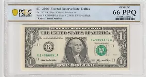 $1 2006 FRN Fr# 1933-K KA Block PCGS UNC 66 PPQ Dallas Radar Serial # - Picture 1 of 2
