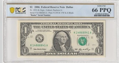$1 2006 FRN Fr# 1933-K KA Block PCGS UNC 66 PPQ Dallas Radar Serial # - Image 1 of 2