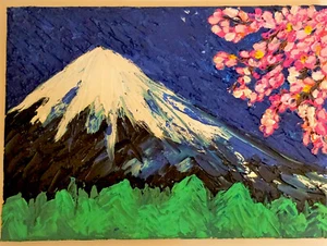 Sakura Painting Mountain Landscape Japan Landscape, Mountain Wall Art Blossom - Picture 1 of 11