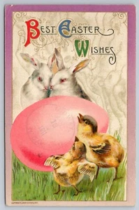 1911 Easter Bunnies & Chicks Pink Egg Winsch Embossed Vintage Postcard - Picture 1 of 2