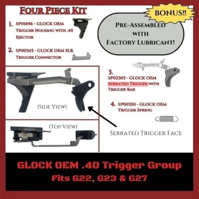 Glock 22 23 27 31 32 33 GEN-3 OEM Serrated Trigger Bar Housing Ejector Kit Set - Image 1 of 2