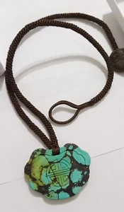 Collar y colgante chino tallado moneda bronce turquesa tejido 2 caras 25" - Imagen 1 de 11