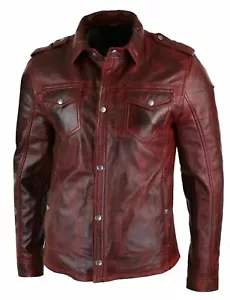 Mens Genuine Leather shirt Genuine Lambskin Button Slim Fit Burgundy Shirt - Picture 1 of 4