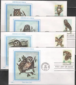 US Scott #1760-63 FDCs, "American Owls" Unaddressed, Western "Silk" Cachets - Picture 1 of 1