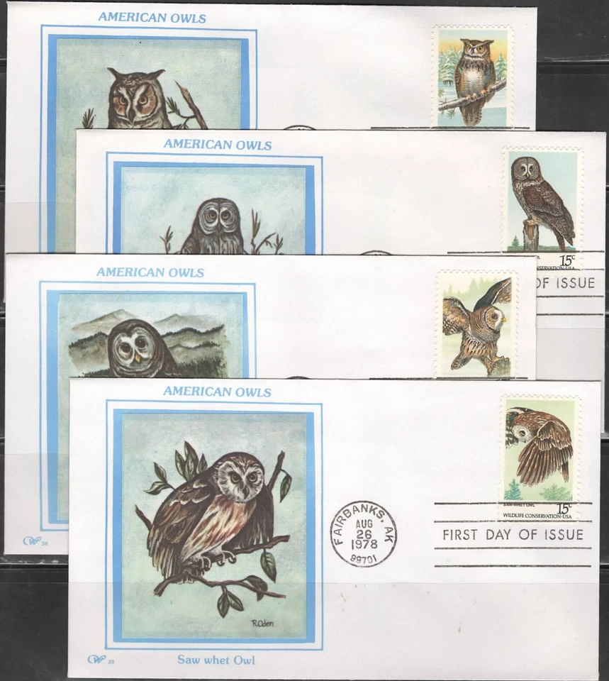US Scott #1760-63 FDCs, "American Owls" Unaddressed, Western "Silk" Cachets - Image 1 of 1