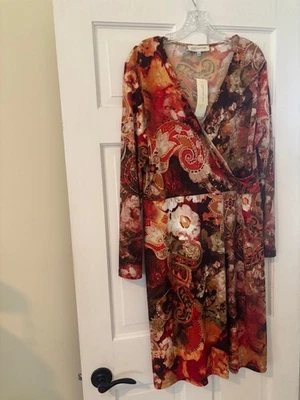 NWT Jones New York 1/2 Wrap Dress XLGORGEOUS RICH GOLD ORANGE WHITE Stretch - Image 1 of 4
