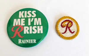 Vintage Rainier Beer Kiss Me I'm Irish Pin Pinback Button + Round R Patch - Picture 1 of 2