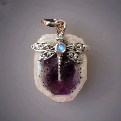 Amethyst Slice Dragonfly Moonstone 925 Sterling Silver Pendant 0610 - Image 1 of 4