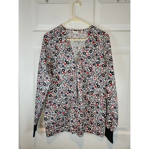 Women's sz S Long Sleeved Snap Down Scrub Shirt Jacket Peaches White Black - Picture 1 of 7