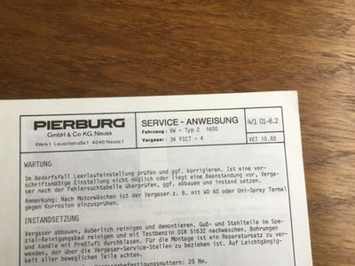 Pierburg Vergaser PICT-4 (VW-Typ 2 1600) serviceanweisung - Bild 1 von 2