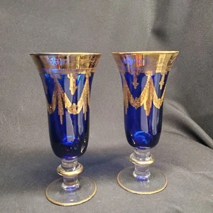 Two Interglass Italy Crystal Champagne Flute Cobalt & 24k Gold Hand Decorated - Picture 1 of 17