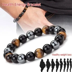 Obsidian Tiger Eye Hematite Bracelets Triple Protection Bangle Men+Women Jewelry - Bild 1 von 12