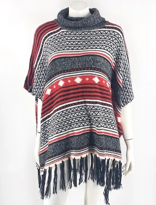 Poncho Suéter By Design Talla L/XL Gris Rojo Cuello Alto Flecos Suroeste Azteca Foto 1 de 4