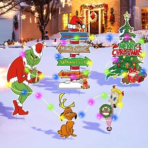 Large Grinchs Christmas Decorations Outdoor-(With Lights)5Pcs Grinchs Yard Signs - Picture 1 of 12