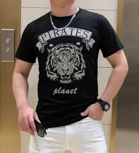 New Men Luxury Diamond Tiger Rhinestones Fashion T-Shirt High Quality 3 Colors - Picture 1 of 14