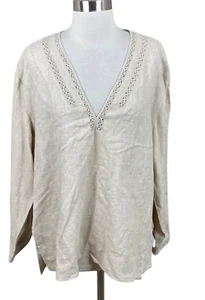 Chico's NEW 3 XL Tan Neutral Flax V Neck Linen Tunic Beachy Coastal - Picture 1 of 4
