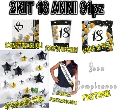 18 ANNI Kit PIATTI PALLONCINI compleanno festa party nero Coordinato tavola oro - Immagine 1 di 3