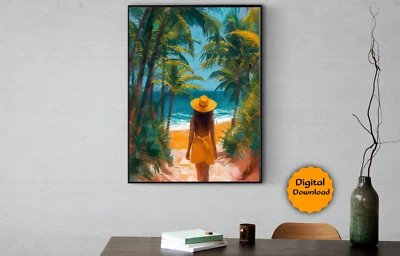 Imagen Digital Imagen Arte de Pared Niña en Playa con Palmera para Salón Foto 1 de 4