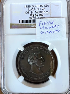 1859 BOSTON,MA   RULAU  MA-BO-78   JOS. H. MERRIAM   DIE   SINKER    NGC MS62 - Picture 1 of 5