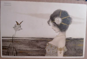 RAPHAEL KIRCHNER Girl w Butterfly PC Circa 1900 Art Nouveau - Imagen 1 de 2