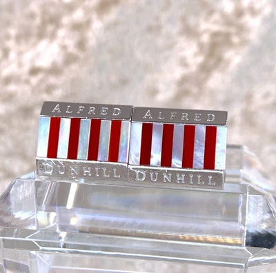 Alfred Dunhill 925 Sterling Silver Cufflinks Red White Stripes White Shell - Image 1 of 4