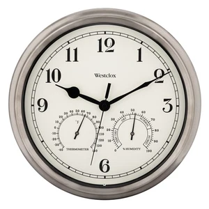 12 Inch Silver Outdoor Wall Clock With Temperature And Humidity Readings - Picture 1 of 5