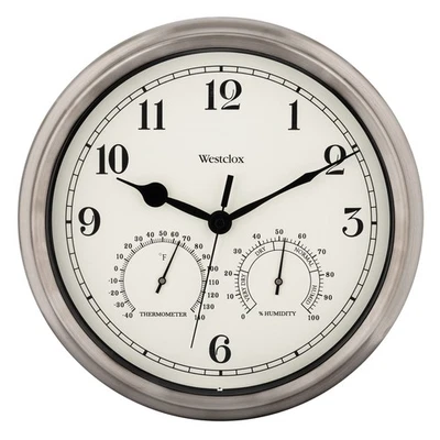 12 Inch Silver Outdoor Wall Clock With Temperature And Humidity Readings - Image 1 of 4