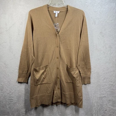 Cárdigan suéter QVC Denim & Co para mujer XLP largo más largo tostado preppy Grandmacore Foto 1 de 4