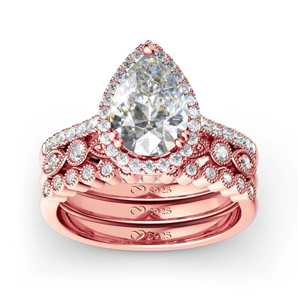 Pear Shaped Wedding Ring Set: 3PC Halo Pear Cut Sterling Silver Diamond Brida... - Изображение 1 из 4
