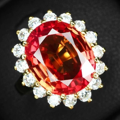 Anillos luminosos con halo de oro de 24 quilates de plata de ley 925 de 7,25 quilates con zafiro naranja al atardecer Foto 1 de 4