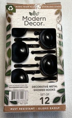 MODERN DECOR Shower Curtain Hooks (12) Black METAL STAINLESS STEEL NIB - Image 1 of 2
