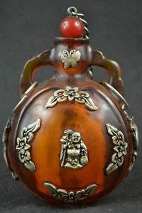 China Old Tibet Silver Amber Carved Butterfly Buddha Statues Snuff Bottle Decor - Picture 1 of 24