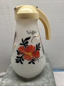 Vintage Frosted Glass Waffle Syrup Dispenser Hand Painted Flowers - Picture 1 of 7