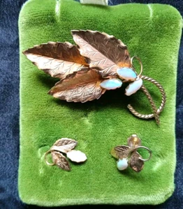 Vtg Opal Brooch Earrings 1/20 14K GF Pieced Engraved Bezel NOS Studs HTF - Picture 1 of 9