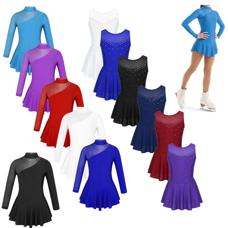 Girl Ice Skating Dress Ballet Dance Dress Rhinestone Competition Costume Leotard - Image 1 of 3
